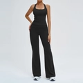 Ensemble de yoga noir avec débardeur dos nu et pantalon évasé à taille haute de sport - S / Noir Premium (Dos Croisé)