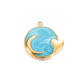 Golden round pendant with blue enamel swirl, moon and heart charms for DIY jewelry - Sky Blue