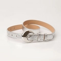 Women's trendy silver PU leather skinny belt with a polished round metal pin buckle - Silver