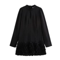 Elegant black long sleeve mini dress with high neck, cutout detail and 3D floral hem - XS / Black