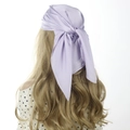 Back view of light purple satin square silk scarf tied on model's hair with soft luster - 70cm x 70cm / Light Purple