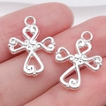 Pair of antique silver hollow cross pendants with intricate vintage scroll patterns - Heart Spliced 19x14mm (0.9g)