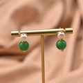 Elegant drop earrings with white freshwater pearl and green lapis lazuli in gold finish - Green Round Ball Pearl Drop Earrings
