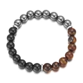 Macro detail of natural Tiger Eye and Hematite beaded bracelet with silver spacers - Silver Grey / Black / Red Brown Patchwork