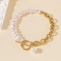 Elegant gold titanium steel bracelet with white pearls and OT toggle clasp closure - Pearl Patchwork OT Clasp Bracelet