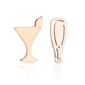 Detail of asymmetric rose gold stud earrings featuring chicken leg and cocktail glass shapes - 190-Bottle Glass / Rose Gold