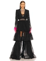 Fashion mesh tutu dress with cropped jacket and hot pink gloves in full studio shot - S / Black Dress + Blazer Set