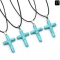 Pack of 4 natural turquoise style 40mm round cross pendants with black woven cords - Synthetic Blue Turquoise