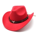 Classic red felt cowboy hat with woven band and silver bull head metal ornament - One Size 58cm / Bull Skull Braided Rope Style / Red
