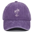Close-up of white palm tree embroidery on a vintage washed purple cotton baseball cap - Purple