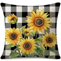 Sunflower pillowcase with yellow flowers on black and white buffalo plaid linen fabric - 45x45cm Pillow Cover / Black White Gingham Sunflower-3 (24ym1111-3)