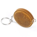 Mini round crazy horse leather measuring tape keychain with embossed sunflower design - Brown Patchwork Carved (Hook Round)
