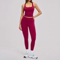 Women's 2-piece deep red sports yoga set with racerback tank top and high waist leggings - S / Raspberry Red