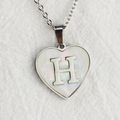 Silver heart necklace with white mother of pearl inlay and a metal letter H pendant - Letter H / Silver