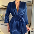Elegant deep blue satin silk kimono robe for women with shimmering belted waist design - Navy Blue