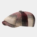 British retro twill octagonal newsboy hat with red and black herringbone pattern for fall - One Size / Burgundy Black Mixed