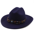 Cappello fedora classico in lana blu scuro con perline di legno e pietra turchese - M (56-58cm) / Blu scuro