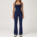 Women's navy blue yoga set featuring a square neck tank top and high waist flared leggings - S / 2044 Vest + 2030-2 Flared Pants - Midnight Blue