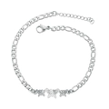 Detailed view of silver butterfly charms on a stainless steel Figaro chain bracelet - 3 Butterflies / Steel