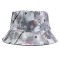 Detail of grey, white and pink camouflage bucket hat featuring cartoon bear and text print - Style 16-Grey Pink Tie-dye Bear