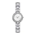 Macro detail of silver quartz watch featuring a crystal-set bezel and metallic link strap - Individual Silver Watch