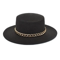 Detailed shot of flat top black boater hat with decorative chunky gold acrylic chain - Black
