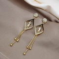 Elegant gold drop earrings with black enamel, white crystals and tassels in long style - Rhombus Black Enamel (E2837-2)