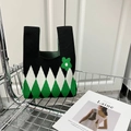 Knitted tote bag with green 3D flower and black white green checkered pattern - Black Green Argyle Flower