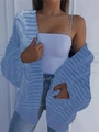 Close-up of light blue chunky cable knit mohair cardigan with textured stitch details - S / Navy Blue
