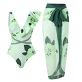 Three-piece floral bikini set featuring a green v-neck swimsuit and matching wrap skirt - S / Y3 Light Green Set