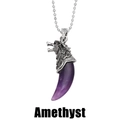 Macro-detail van wolfskop hanger met amethist steen en zilveren bolletjesketting - Amethist