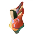 One-shoulder swimsuit with vibrant orange and purple tropical floral print and asymmetric cut - S / Swimwear