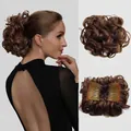 Detail of dark brown wavy synthetic hair bun showing inner combs and styling on model - M4-30# (Medium Brown Highlights)