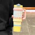 40oz stainless steel tumbler featuring colorful floral and checkerboard patchwork patterns - Yellow New (Plaid Floral)