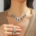 Elegant silver-tone necklace and ring set with marquise black stones and crystals - Silver Dark Marquise Gem Style (DTN14026914BK)