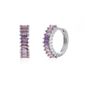 Sleek silver hoop earrings featuring baguette-cut purple zircon stones for women - Platinum Purple Zirconia
