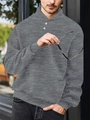Detail of grey waffle knit polo collar with button fastening on men's long sleeve sweatshirt - Deep Heather Grey