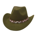 Classic olive green felt cowboy hat with a stylish leopard print beaded band decoration - One Size / Army Green (Leopard Rhinestone)