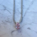Tennis choker necklace featuring a pear-cut pink gemstone pendant on silver chain - Pink Pear