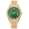 Close-up of gold iced-out watch with green dial and Roman numerals on white background - Gold Green Dial