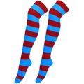 Detailed view of red and blue striped over-knee high socks with soft cotton texture - One Size / Red & Blue Stripes