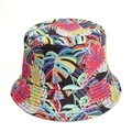 Close-up of vibrant tropical leaf pattern and stitching on a reversible bucket hat - Black Background Colorful Monstera Print (Style B)