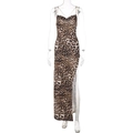 Detail of leopard print dress with slim fit, metal chain straps and side slit - S / Leopard Print