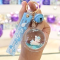 Blue unicorn milk tea cup keychain with liquid glitter sand and a silicone wrist strap - Blue-Round Ball Unicorn