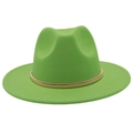Detailed close-up of a wide-brim emerald green fedora hat featuring a gold metallic band - Fruit Green (Gold Ring)