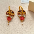New Chinese style lion dance hoop earrings with colorful enamel and drop pendant - T2280 Style / Lion Dance Red Lantern