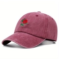 Berretto da baseball in cotone lavato bordeaux con ricamo rosa e visiera curva - Regolabile / Rosso