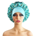 Star pattern satin sleep bonnet in light blue with wide elastic hair protection band - 10871 Cyan Star Print