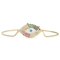 Makroaufnahme des verstellbaren Armbands mit bösem Blick, bunten Zirkonia und Vergoldung - Vergoldetes Kupfer + Perlmutt + Bunter Zirkonia / Rundes Böses Auge / Gold
