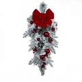 Corona navideña de lágrima con lazo de terciopelo rojo y agujas de pino flocadas - Árbol de Gota Flocado Rojo de 48CM